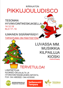 Kaikille avoin pikkujouludisco klo 17-19 monitoimitila Lystissä 1.krs @ Tesoman hyvinvointikeskus | Tampere | Suomi