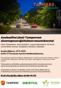 Nopeusrakoituksien muutos Länsi-Tampereella, kutsu asukastilaisuuteen @ Tesoman hyvinvointikeskus | Tampere | Suomi
