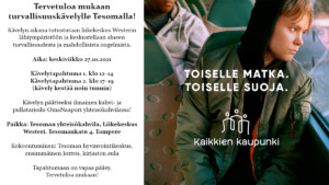 Turvallisuuskävely  Tesomalla, kokoontuminen Hyvinvointikeskuksella klo 12 ja 18 @ Tesoman hyvinvointikeskus | Tampere | Suomi